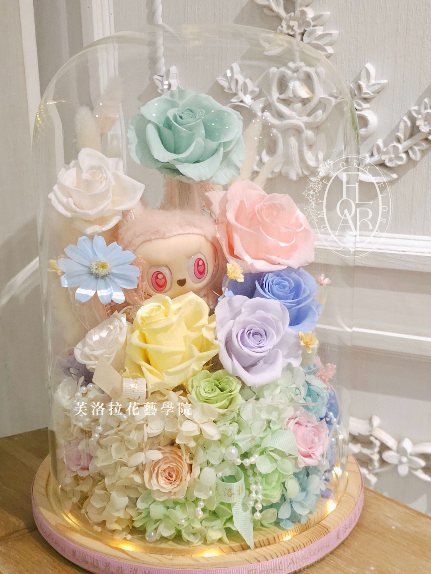 永生花玻璃燈罩繽紛色+客製化Labubu娃娃 PreservedFlower_GlassLampDome_Colorful_CustomLabubuDoll (3)