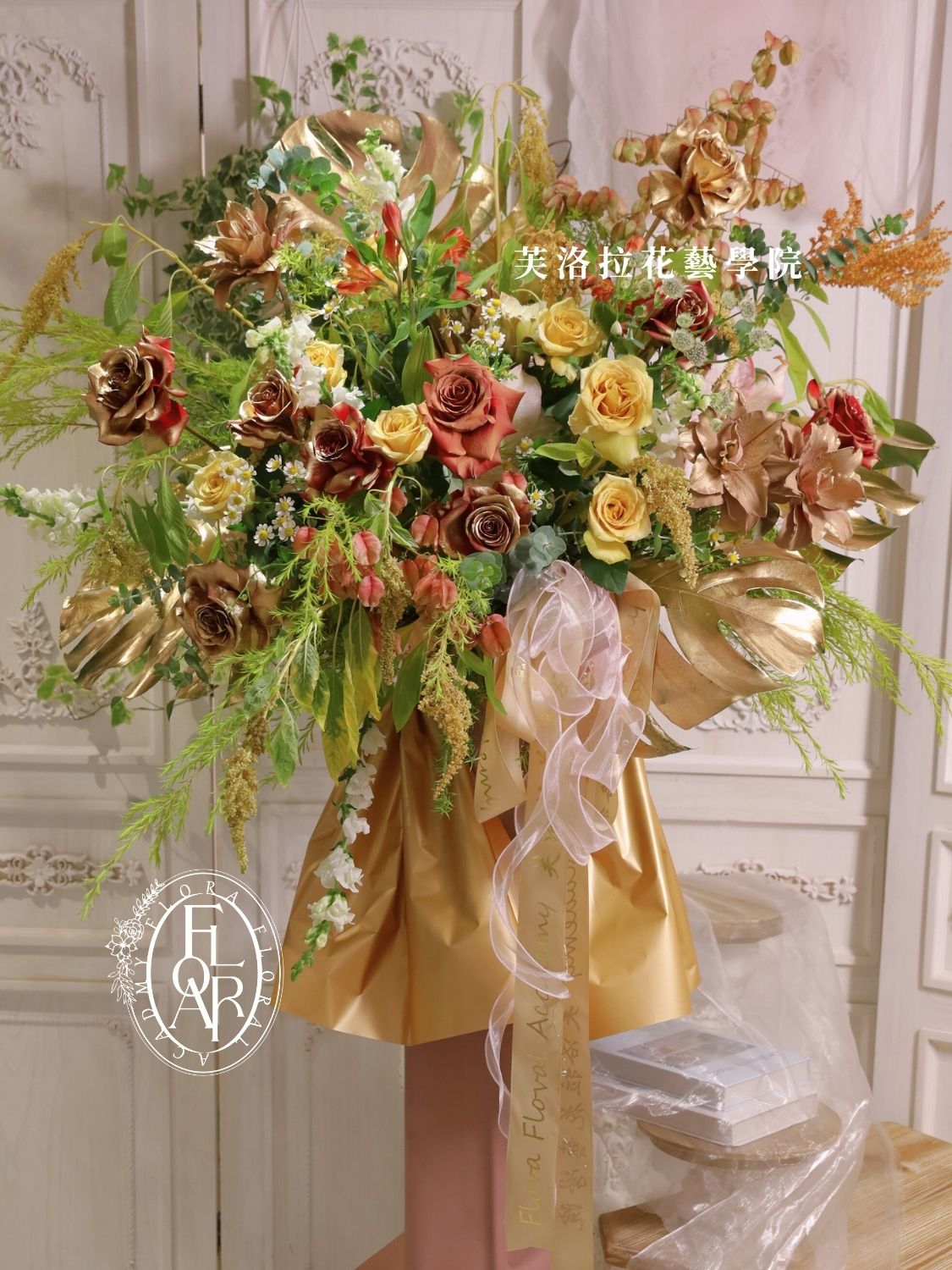 紅金色高架花籃Luxury Artistic Grand Opening Flower Stand (6)