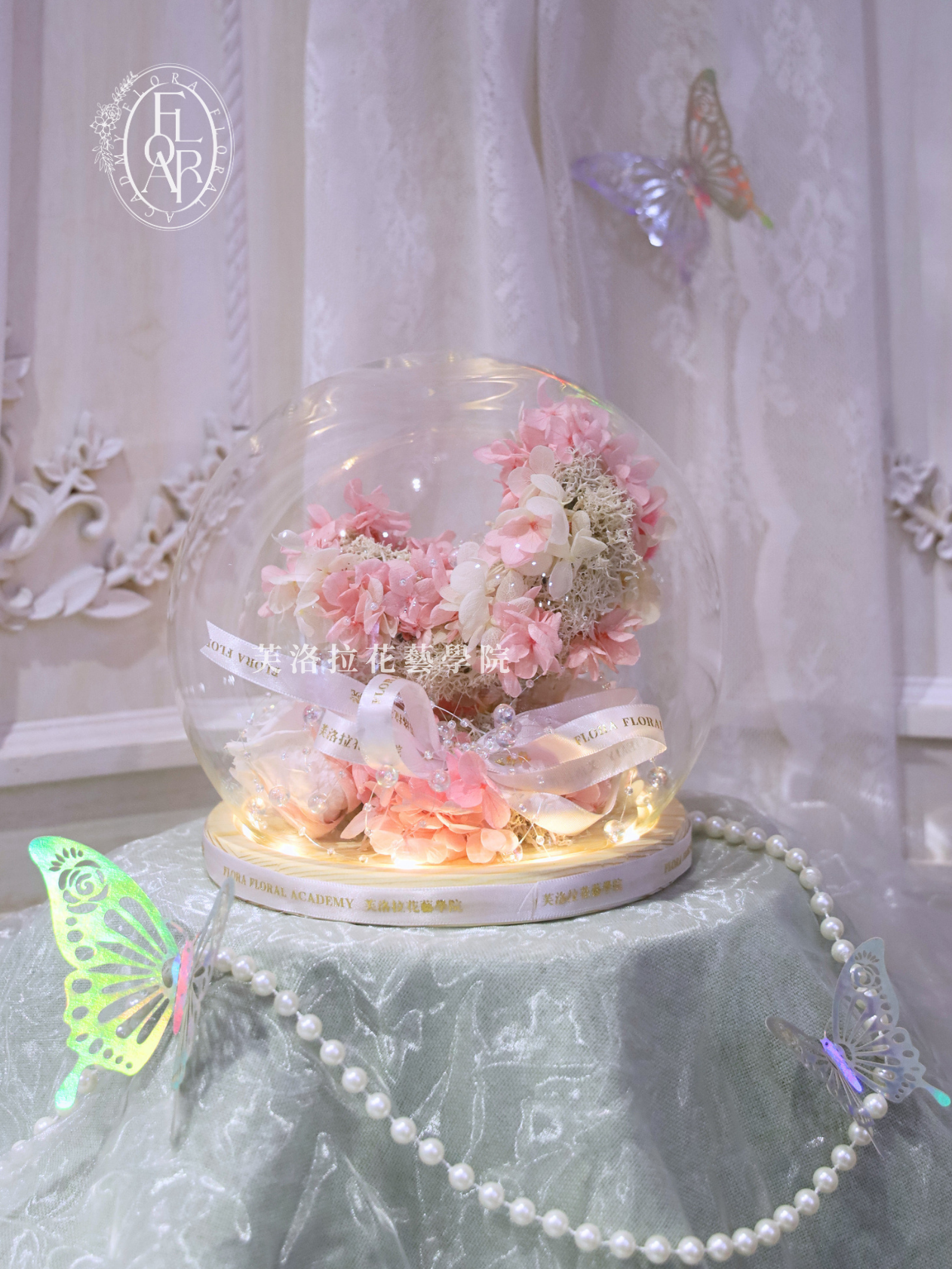 永生玻璃罩|《芳剎流華》|月亮型|粉白色永生花:圖片 3