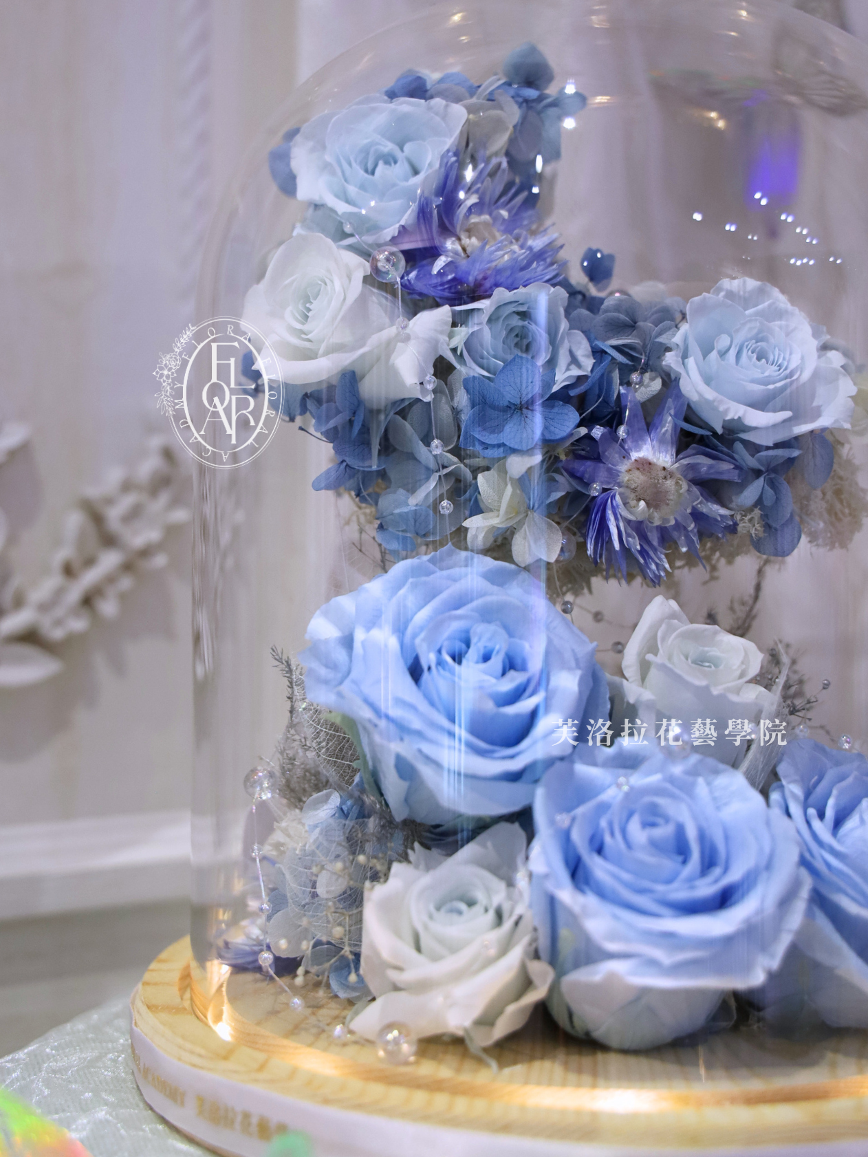 永生玻璃罩|《輕光玉月》|月亮型|藍白色永生花:圖片 8