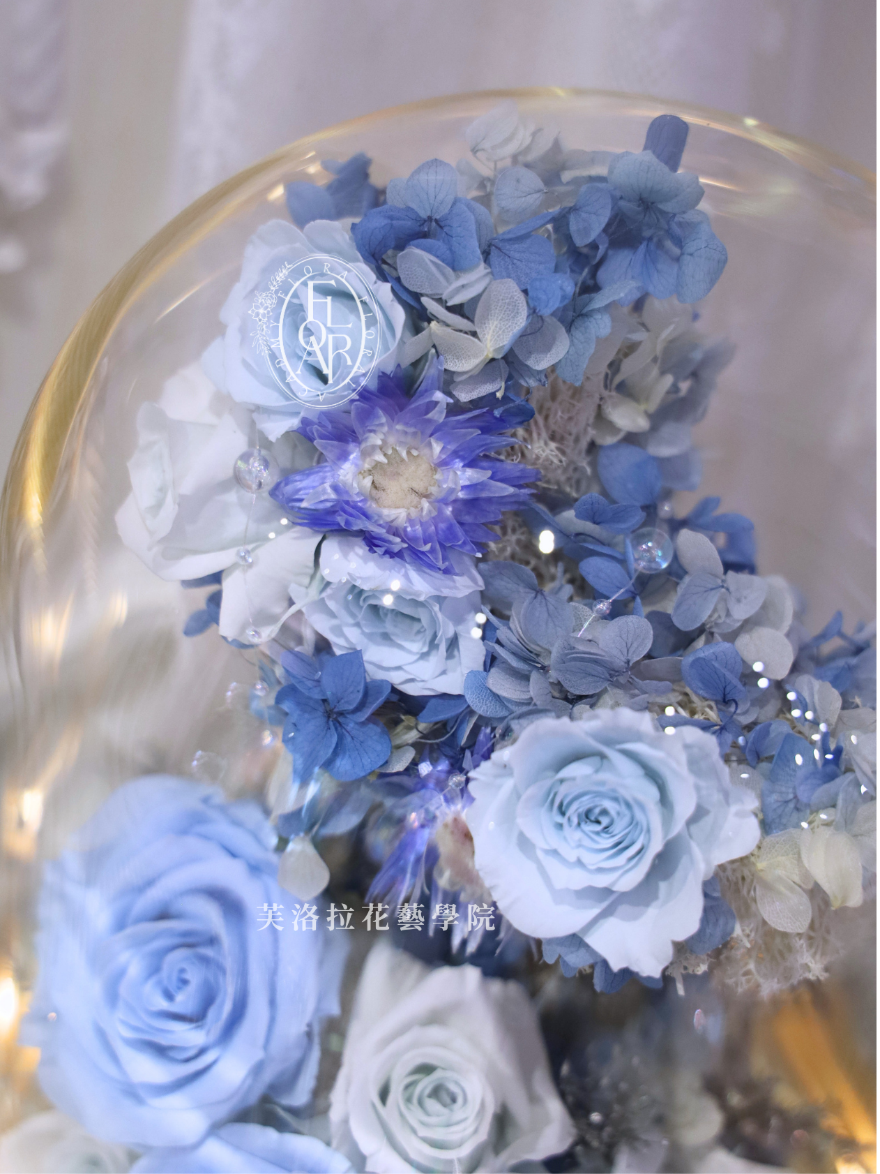 永生玻璃罩|《輕光玉月》|月亮型|藍白色永生花:圖片 7